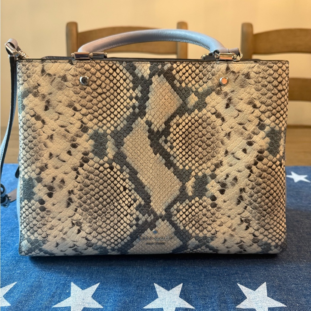 kate spade Gray and Cream Snake-Print Satchel - Picture 2 of 11